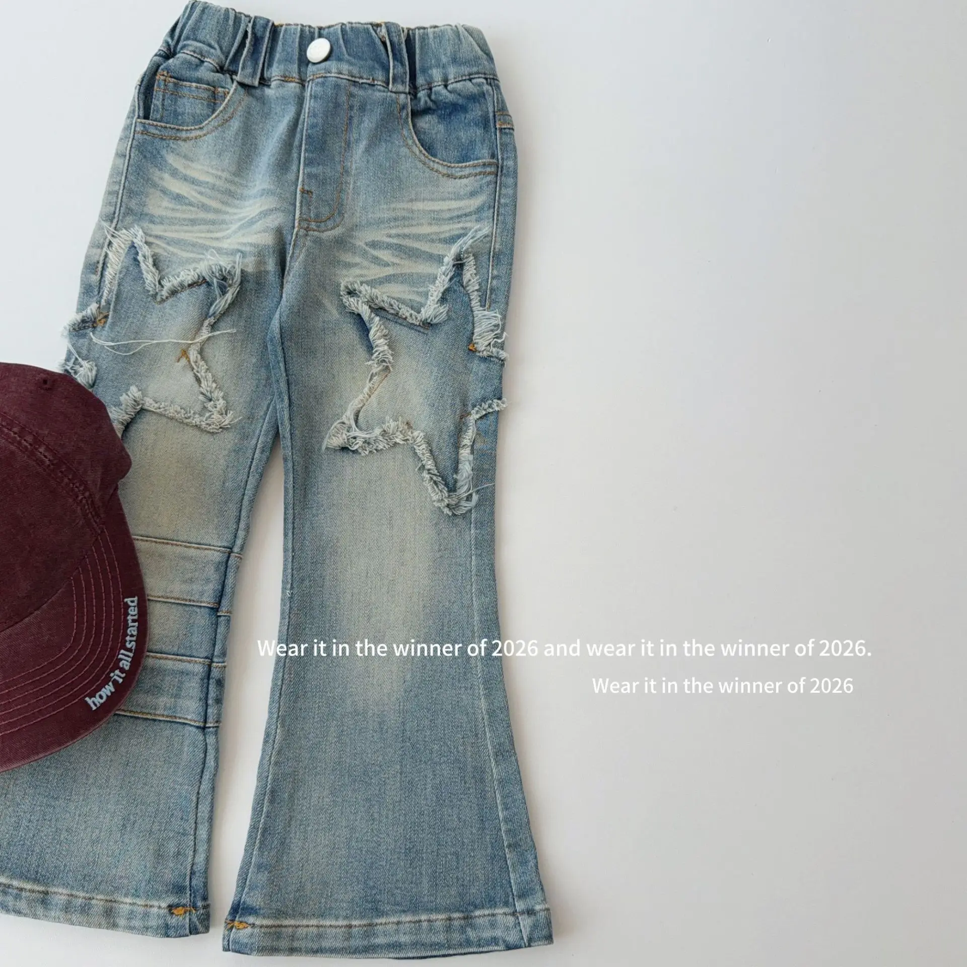 Girls Pants 2026 Spring and Autumn New Childrens Clothing Korean Style Girl Baby Foreign Fringe Star Star Slim Flared Jeans