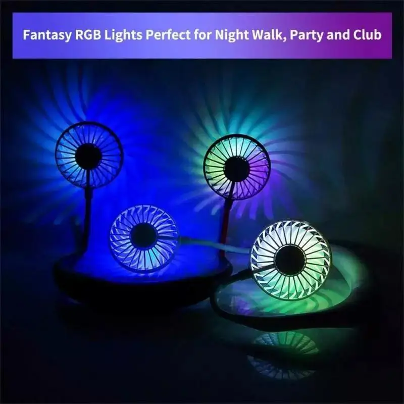 แบบพกพาพัดลมคอแขวนสายคล้องคอพัดลม USB แบบชาร์จไฟได้พัดลมคู่ Air Cooler Kipas Angin Meja กับไฟสีสันสดใสพัดลมทำความเย็น