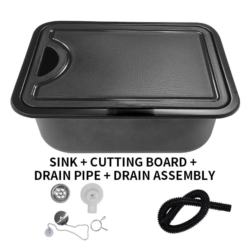 

RV Sink with Cutting Board Space-Saving Hidden Design Black Small Stainless Steel Basin with Faucet RV Conversion Kit