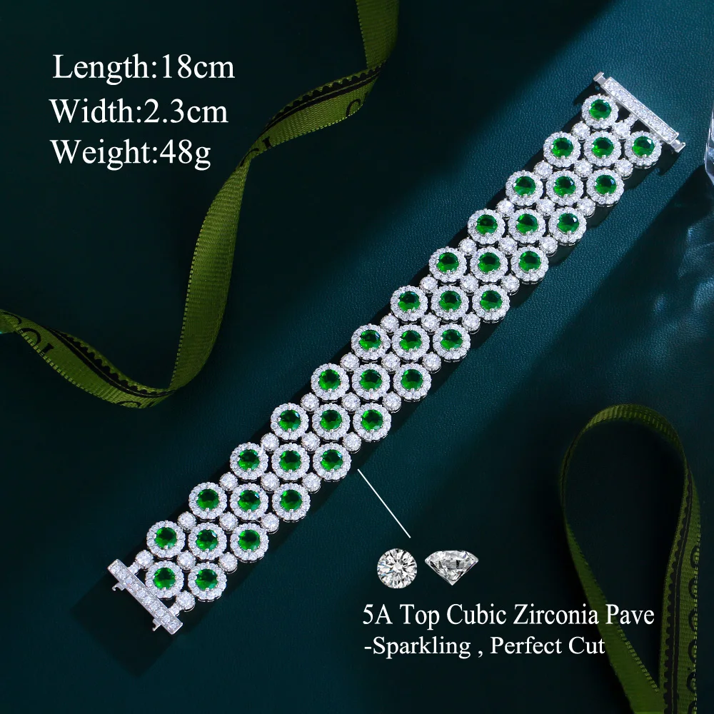 ThreeGraces Luxury Shiny Green White Zircon Big Wide Party Bracelet for Women Gorgeous Dubai Wedding Evening Party Jewelry BR400