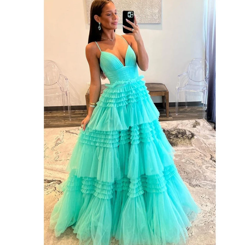 Prom Dress For Women Charming Spaghetti Straps Backless Floor Length Evening Gowns A Line Tiered V-Neck Formal Party Dresses