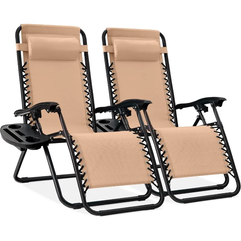 Set of 2 Adjustable Steel Mesh Zero Gravity Lounge Chair Recliners w/Pillows and Cup Holder Trays