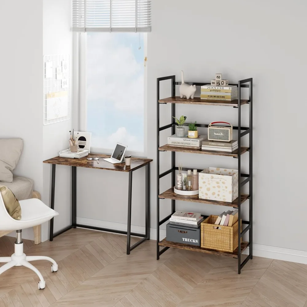 Vintage Multifunctional Folding Bookshelf, No-Assembly Plant Stand Storage Rack Shelves for Home Office