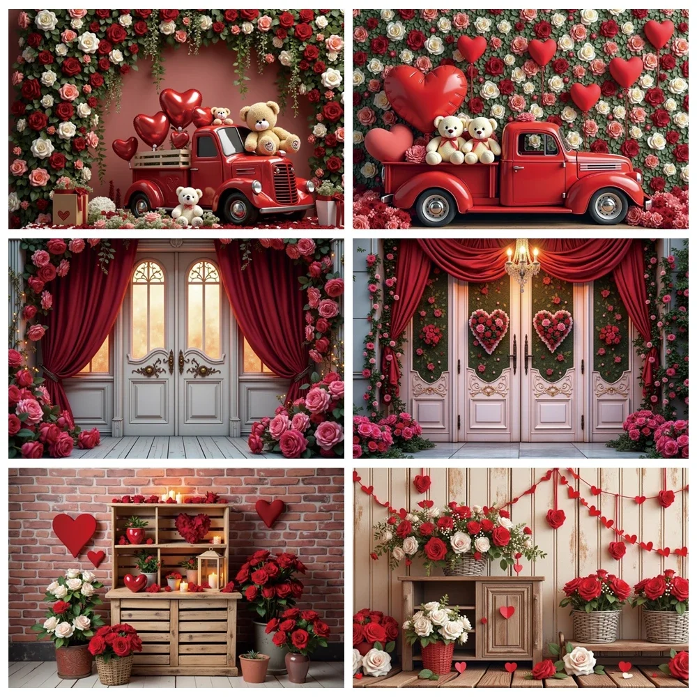 

MOON.QG 2025 Valentines Day Background February 14 Decor Backdrop Drapes Flower Rose Teddy Bear Wood Photography Studio Props