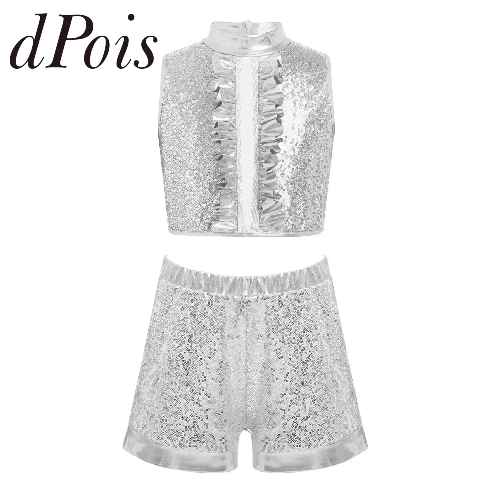 

Kids Girls 80s 70s Disco Dancing Party Dancewear Sets Metallic Hip Hop Clothes SetsSequin Streetwear Teens Jazz Dance Outfit