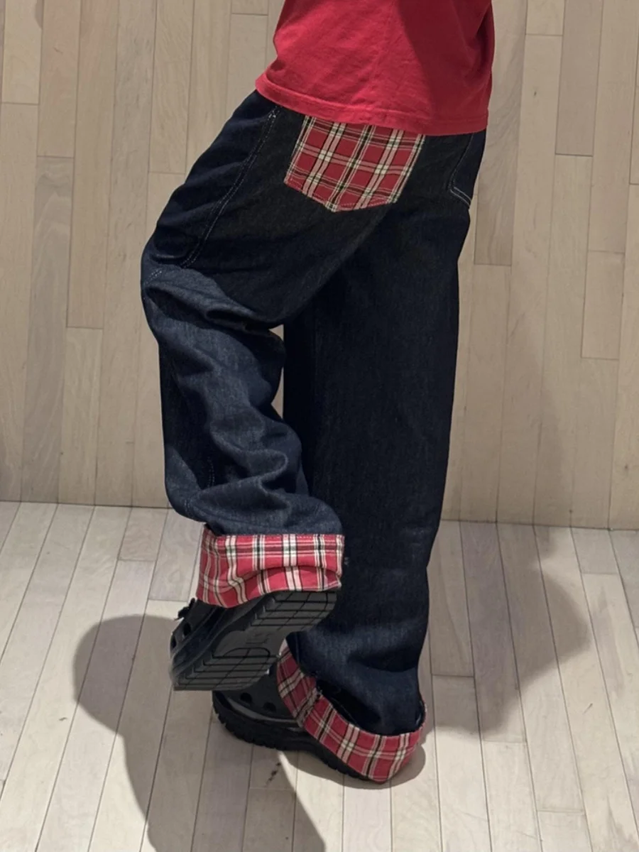 

Ретро американские темно-синие клетчатые прямые широкие джинсы с высокой талией, женские летние дизайнерские джинсовые брюки с манжетами в стиле пэчворк