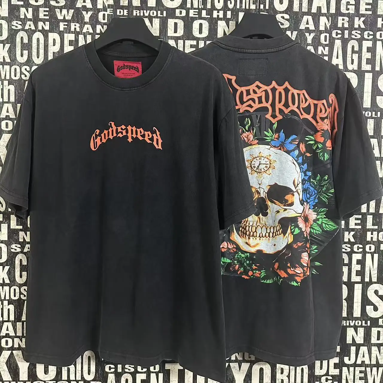 Retro Washed Pure Cotton Short Sleeve T-Shirt Floral Skull Print Loose Fit Youthful Style City Walk Casual Wear round Neck