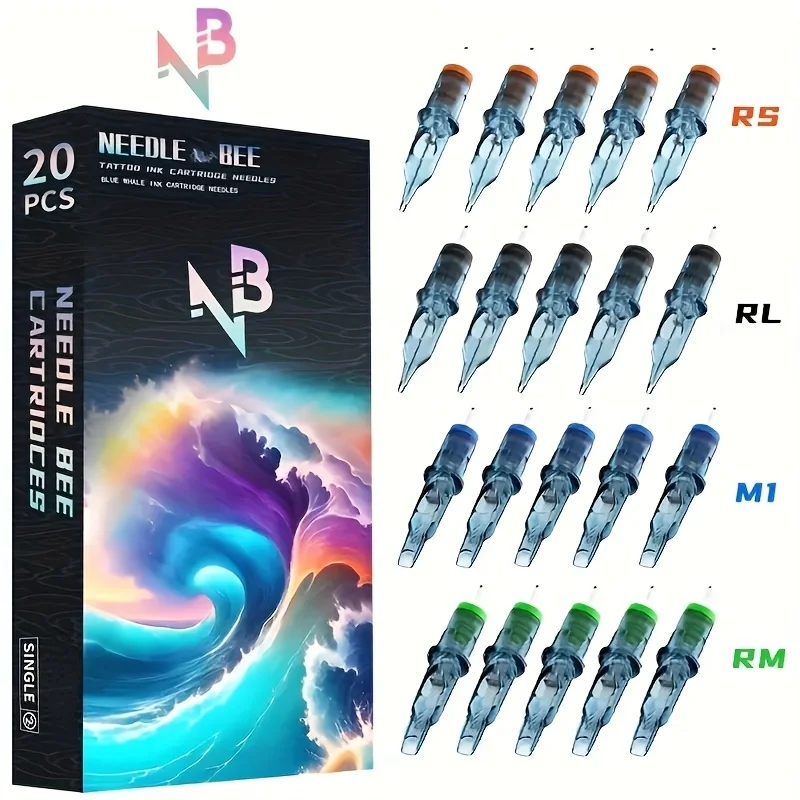 

Needle Bee Tattoo Needles, 50 Disposable Needles In Mixed Sizes (RL, RS, RM, M1), With Safety Sheath. Essential Supplies for Beginners and Tattoo Artists.
