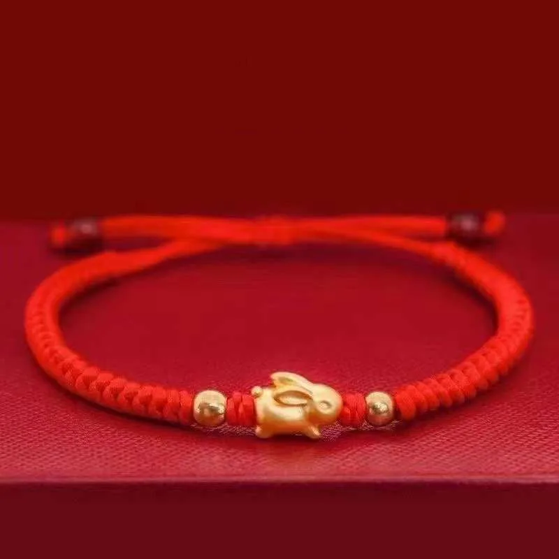 Pure 24K Yellow Gold Bracelet For Women Men 3D Rabbit Zodiac Gold Bead Red String Handmade Bracelet 16-18cm Length