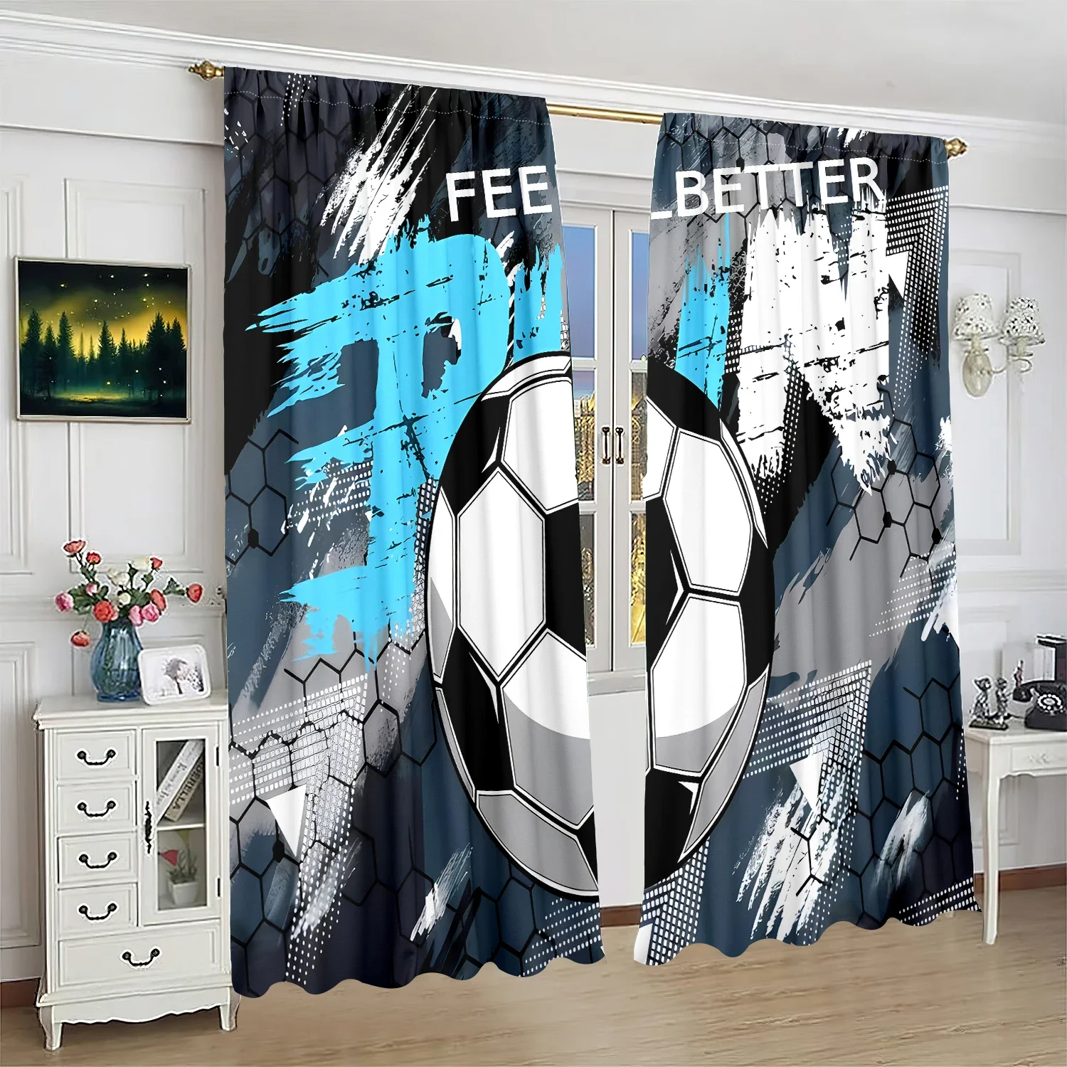 Football-patterned printed curtains, Christmas decorations, bedroom and living room, home decoration, room decoration