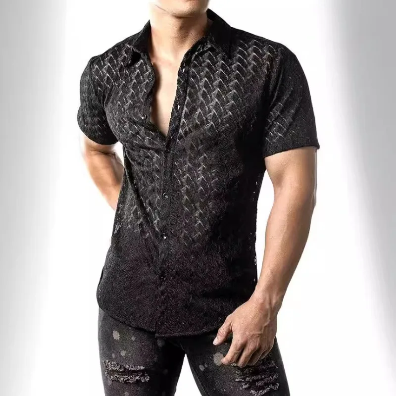 

2025 Summer Hollow Breathable Short Sleeve Shirt Men Retro Solid Color Loose Casual Shirts Sexy Nightclub Performance Costume