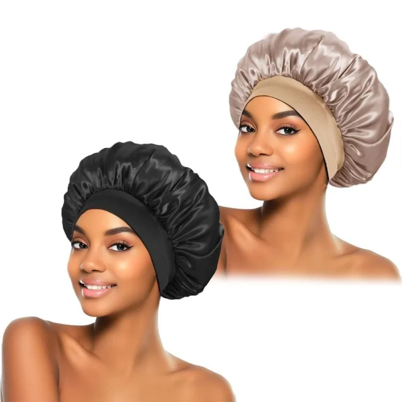 Picture 4: New Satin Wide Brim Nightcap Silky Bonnet Hair Wrap for Sleeping Sleep Cap With Elastic Soft Band Styling Cap Hair Wrapping Tool