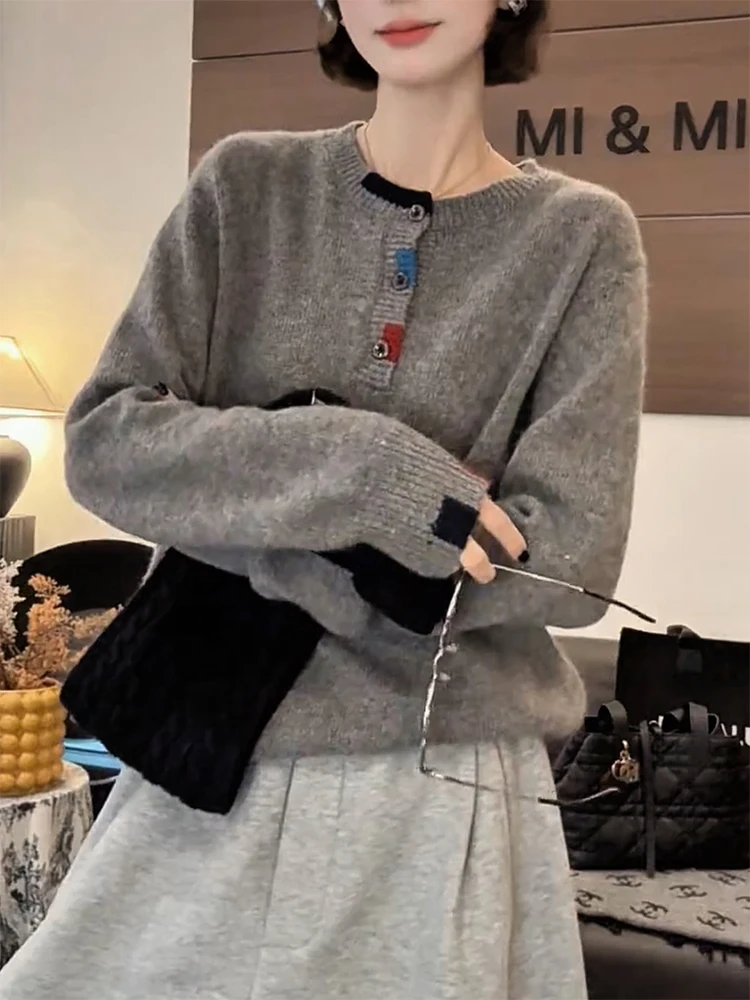 

Корейский вязаный джемпер с круглым вырезом, в стиле колор-блок, универсальный, осенне-зимний, новинка, большие размеры, теплый женский топ