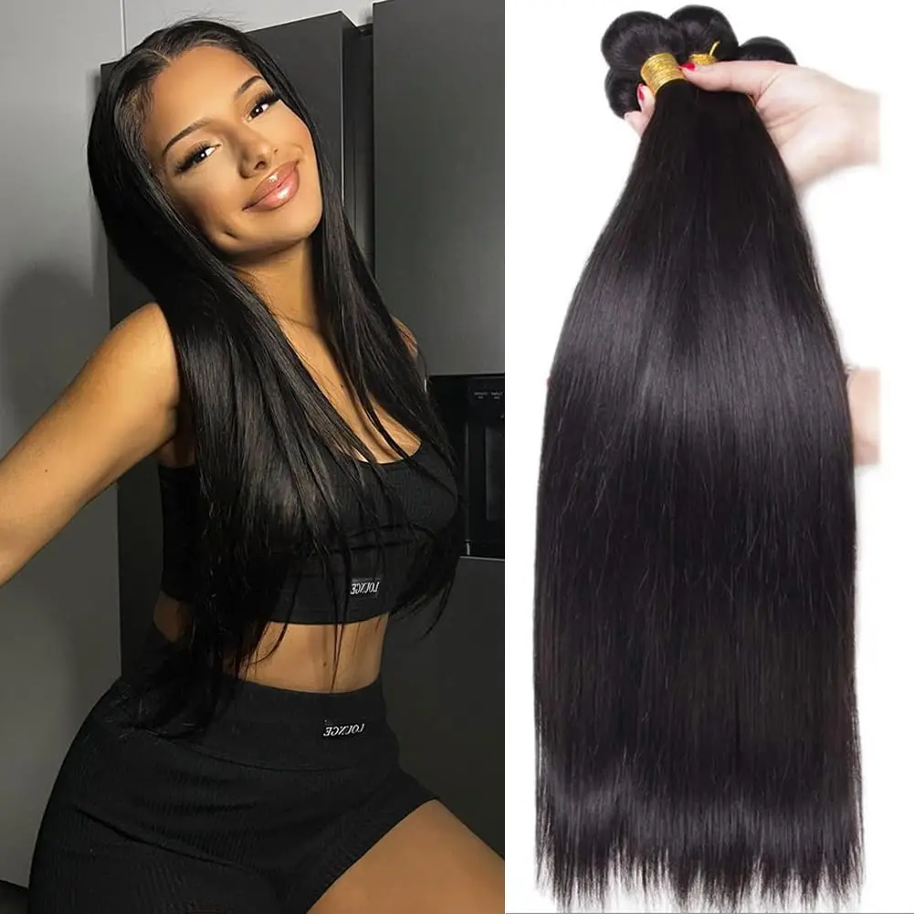 Mèches Brésiliennes Naturelles Lisses, Extensions de Cheveux 100% Naturels, Noirs, 12A, Non Traités