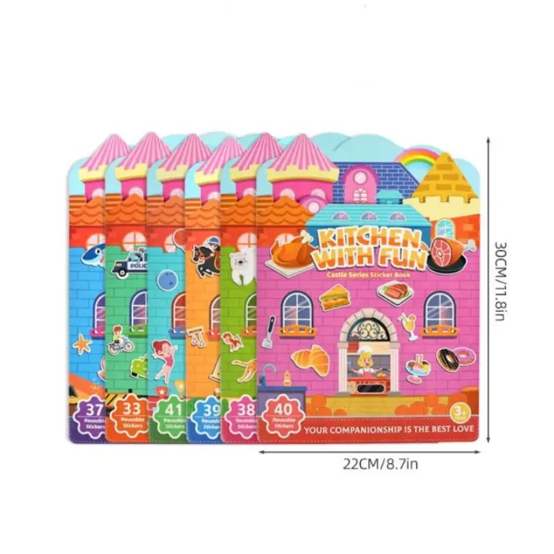 1 Juego de pegatinas de gelatina DIY con múltiples temas, libro portátil silencioso y ocupado, calcomanías Montessori, juguete para niños, libro de pegatinas de gelatina de Castillo reutilizable
