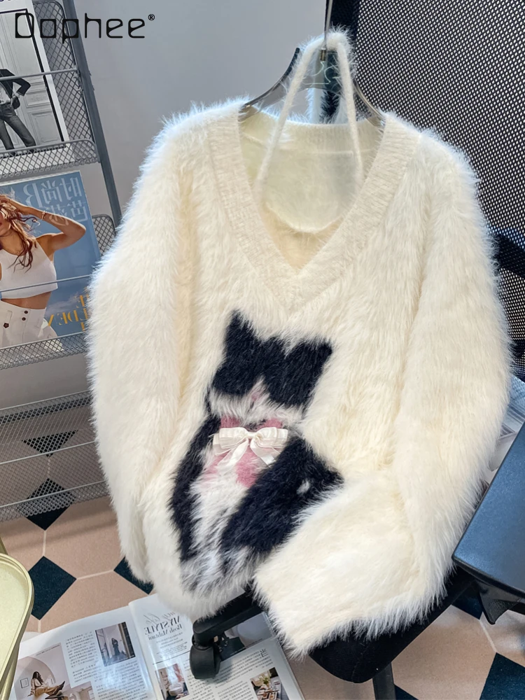 

Hot Girl V-neck Long Sleeved Cat Sweater Women 2023 Autumn Winter Bowknot Pullover Elastic Mink Fur Halter Knitted Top Female