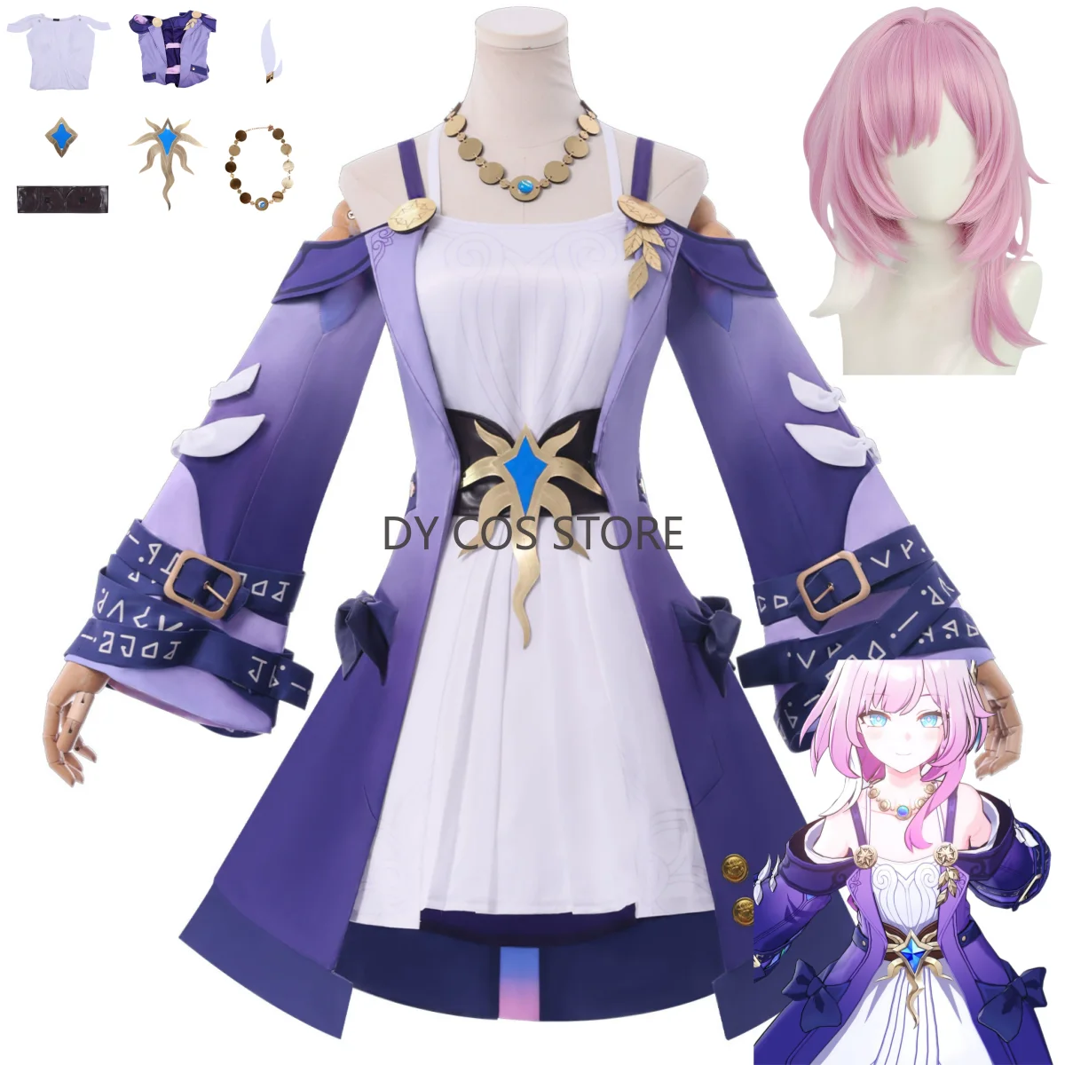 

Game Honkai：Star Rail Cyrene Cosplay Costume White Purple Off Shoulder Dress Necklace Wig Woman Sexy Carnival Christmas Suit