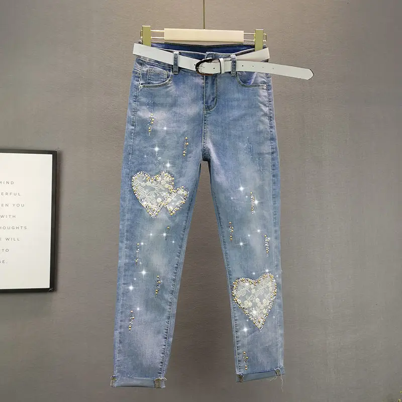 2024Autumn Summer South KoreainsVintage Jeans American Fashion Street Rhinestone All-Match Distressed Women Tappered Pencil Pant