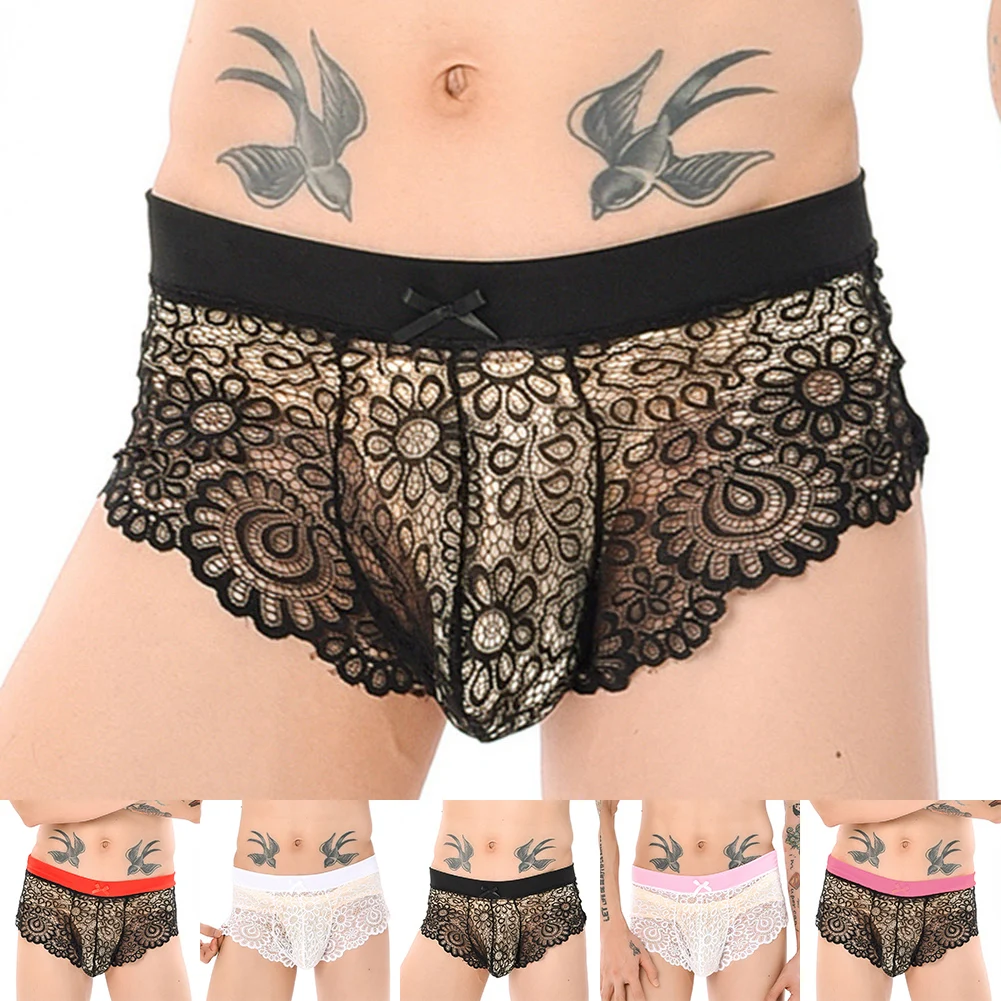 Sexy Men Lingerie Sissy Lace Shorts G-string Pouch Bikini Briefs Ultra-thin See-through Underwear Gay Man Erotic Panties