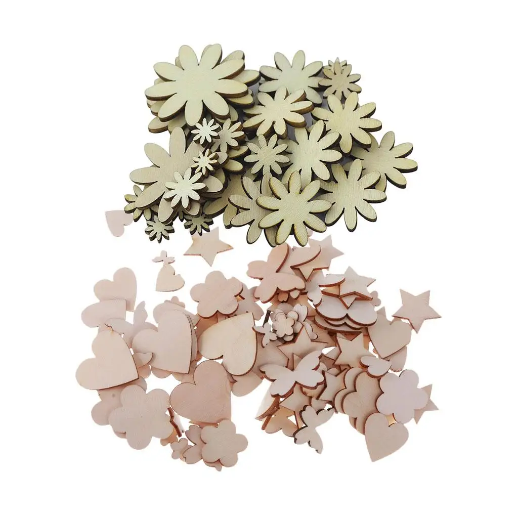 Pack of 150 Assorted Natural Wood MDF Cutouts Daisy Flower Heart Shapes Bunting Wooden Embellishments for DIY Decoration Craft