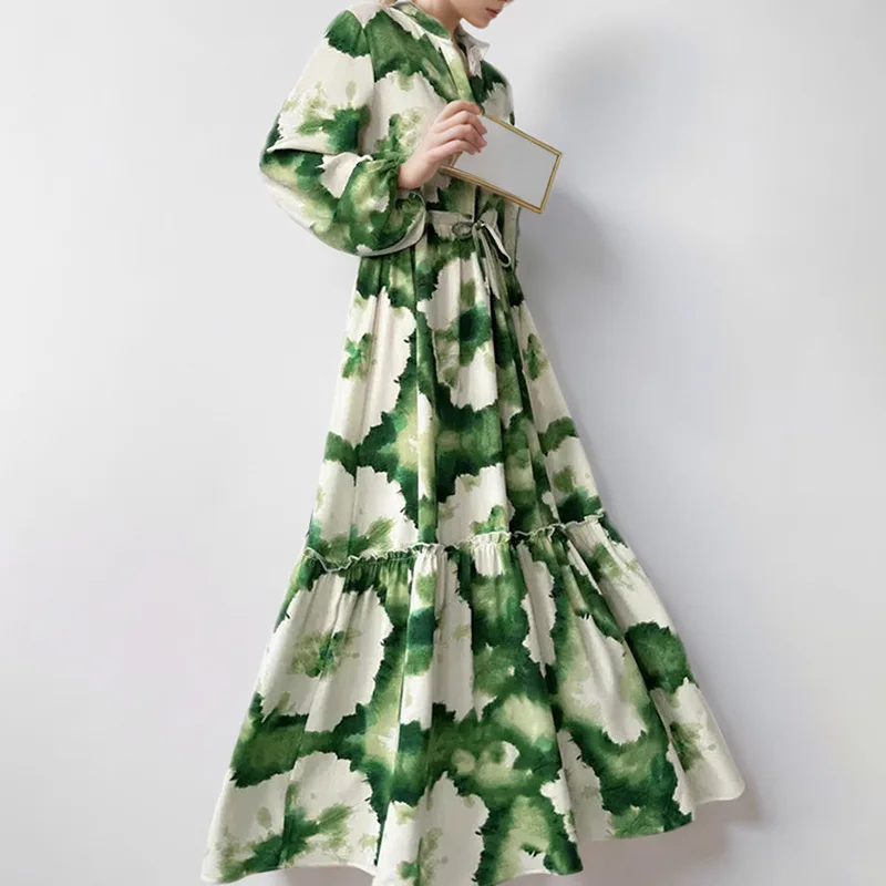 Lemongor feminino elegante verde impresso maxi vestidos mangas puff com decote em v gravata cintura em camadas bainha solta vestido longo de noite 2026 novo