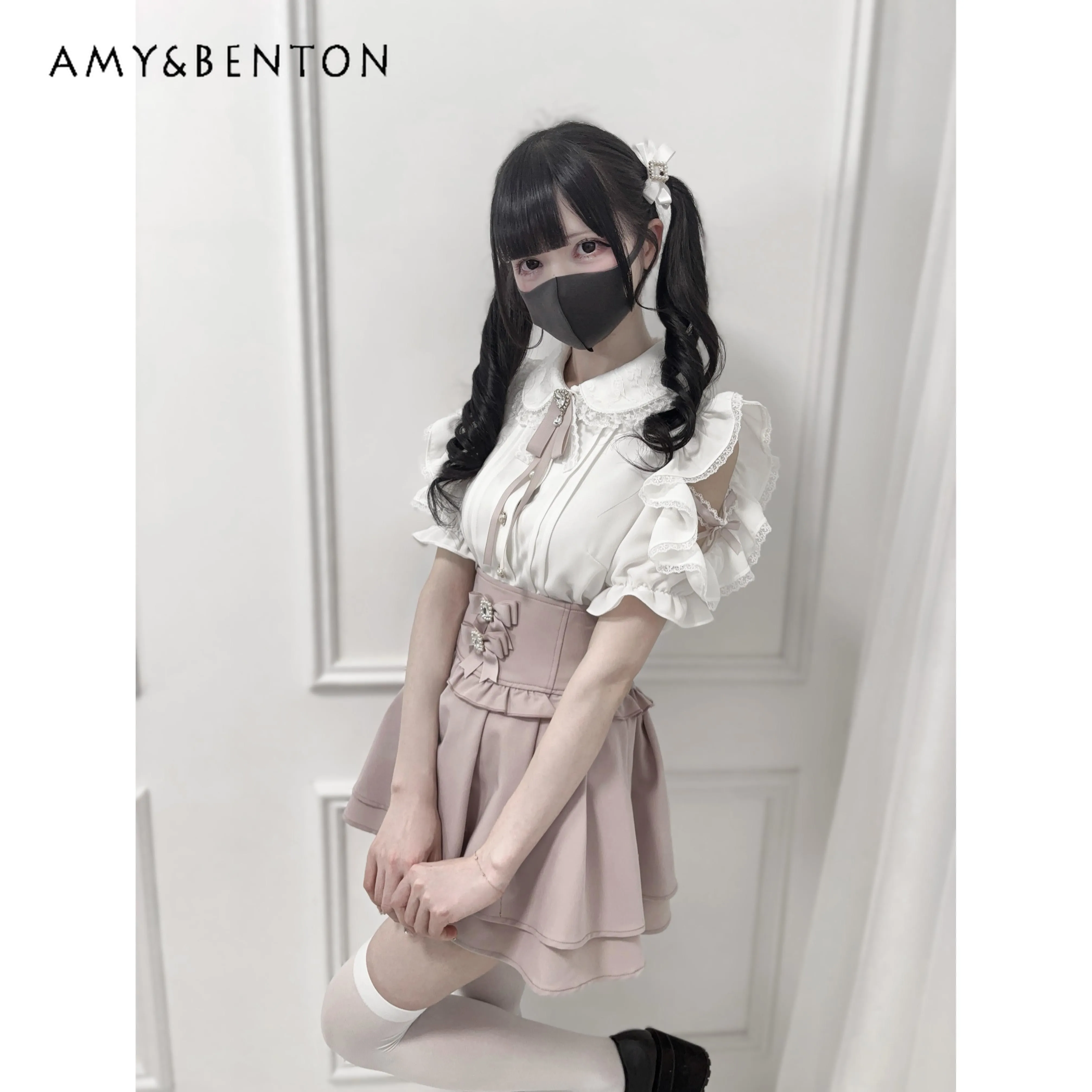 Mine Series Mass-produced Shirt Japanese Sweet Lace Doll Collar Bow Shirt Cute Ruffle Edge Off-shoulder Short-sleeved Top Summer