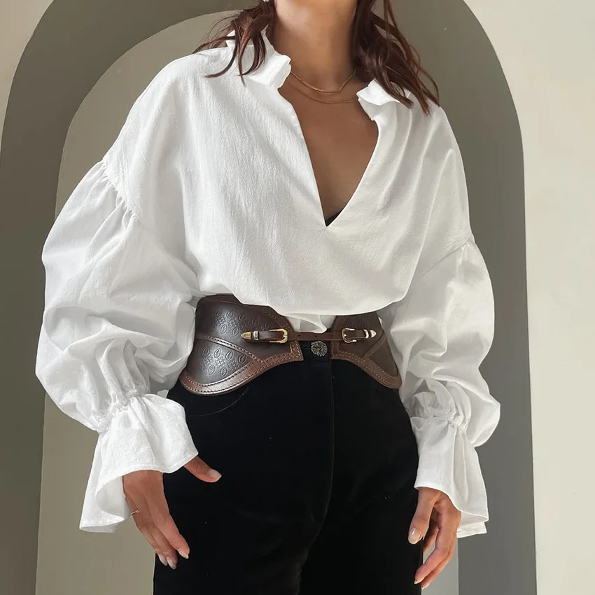 

2026 Spring European American Cross-Border Women's Fashion Pure Cotton White Shirt With Textured Loose Neck And Puff Sleeves