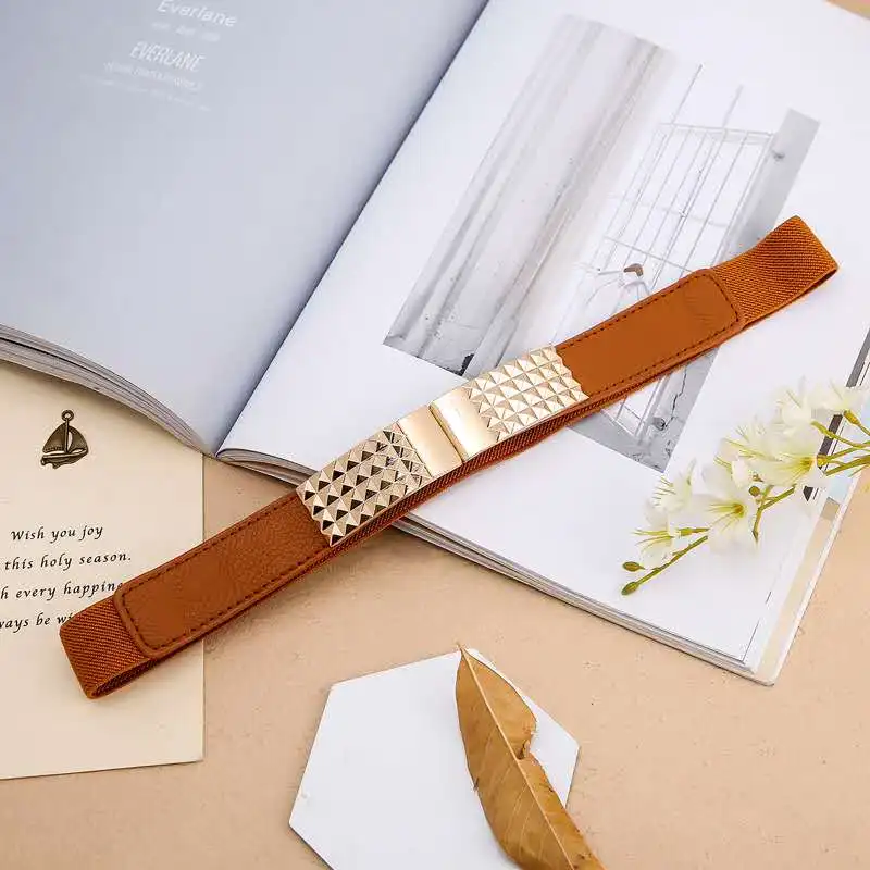 Cinturilla elástica para mujer, Simple y versátil, sello de cintura blanco y marrón para falda de vestido, fajas finas de Metal con lentejuelas