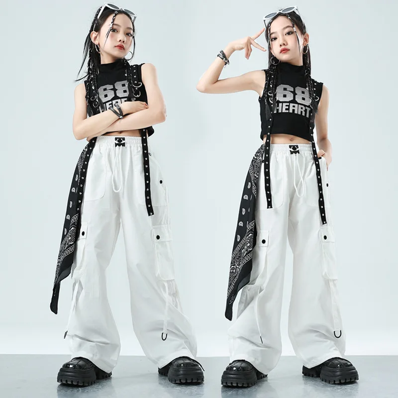 女の子ジャズダンスステージ衣装女の子 Kpop ヒップヒップダンス服ストリートダンスの摩耗キッズファッション Clohtes 黒トップスシャッフルパンツ