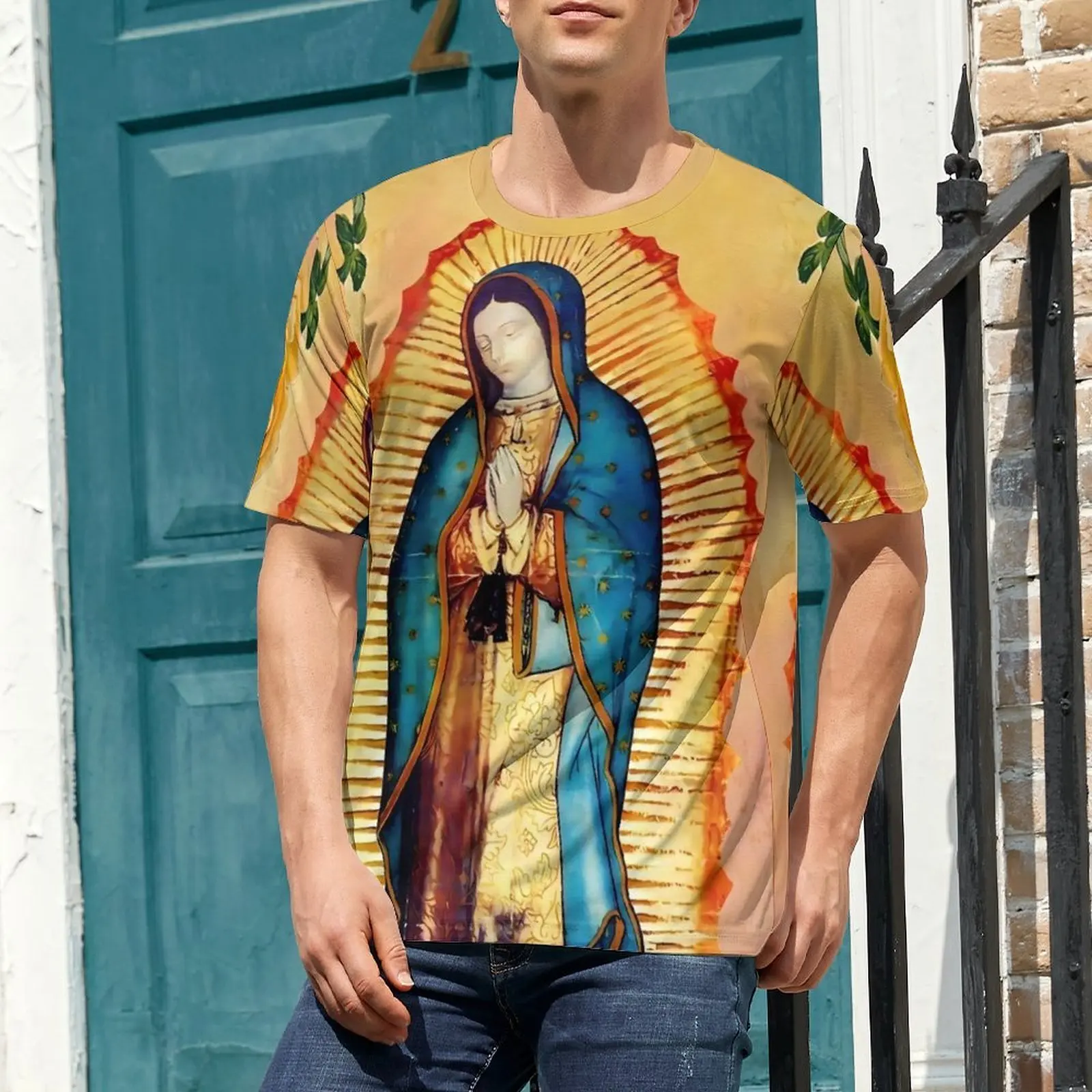 Our Lady of Guadalupe And Roses T Shirt For Men Virgin Mary Printed O Neck T Shirts Trendy Tops Short-Sleeve Y2K Oversized Tees