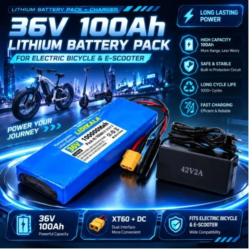LIDIKALA 36V 100Ah 10S2P 18650 Lithium-Akkupack, wiederaufladbarer Akku mit 42V 2A Ladegerät, XT60+DC-Anschluss für Elektrofahrrad und -roller