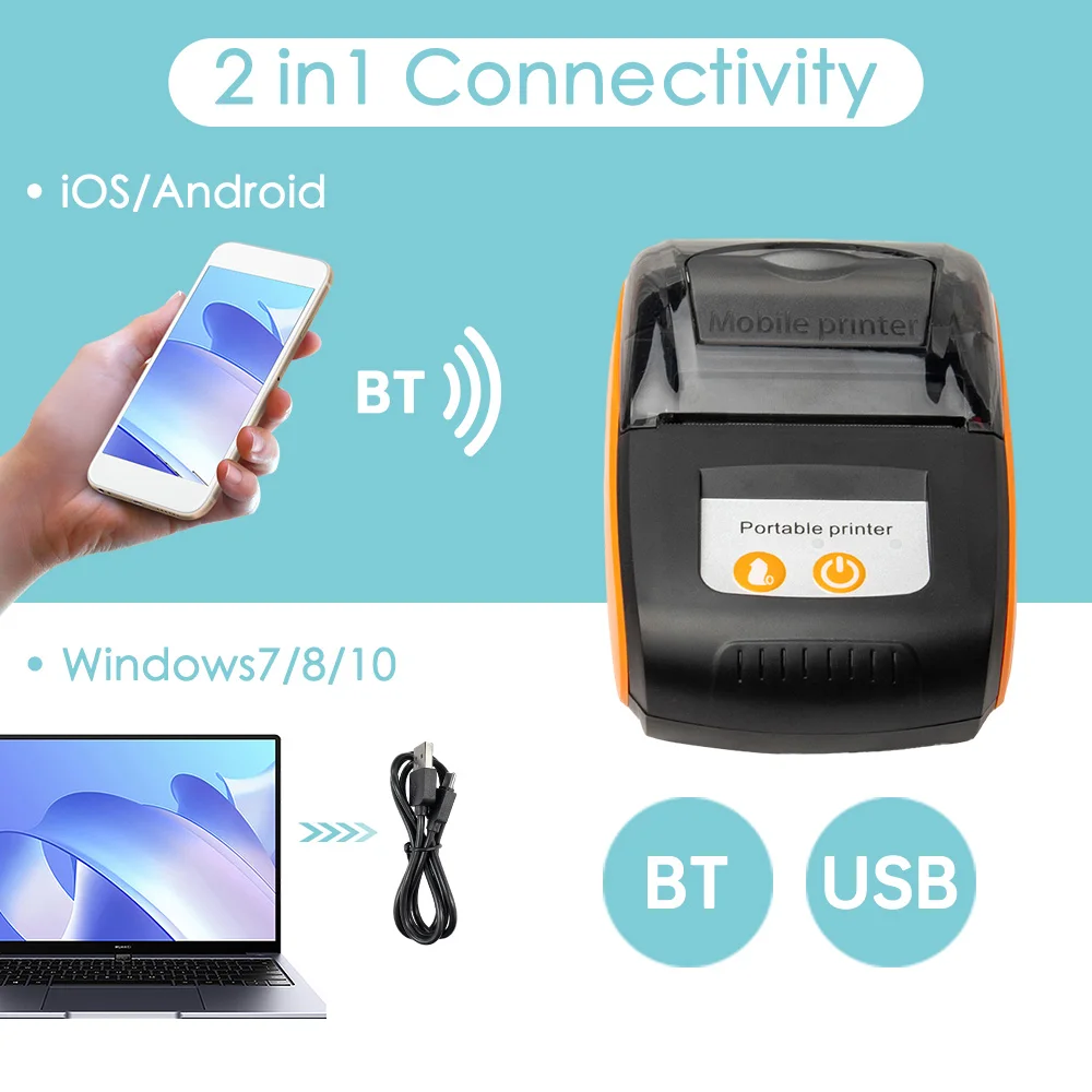 Portable Receipt Printer 58mm Mini Thermal Printing Wireless BT USB Mobile Printer 203dpi with 2 Inch Thermal Paper Roll