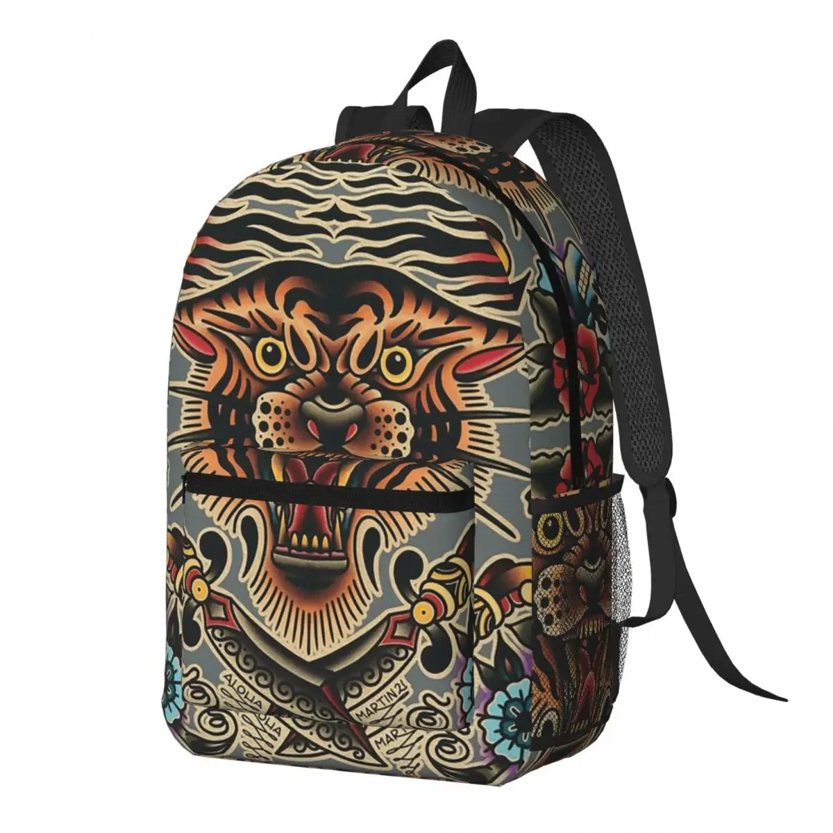 Retro Traditional Tattoo Cartoon Tiger Backpack Daypack Large Capacity Kids BookBag School Bag Shoulder Bags for Men Women