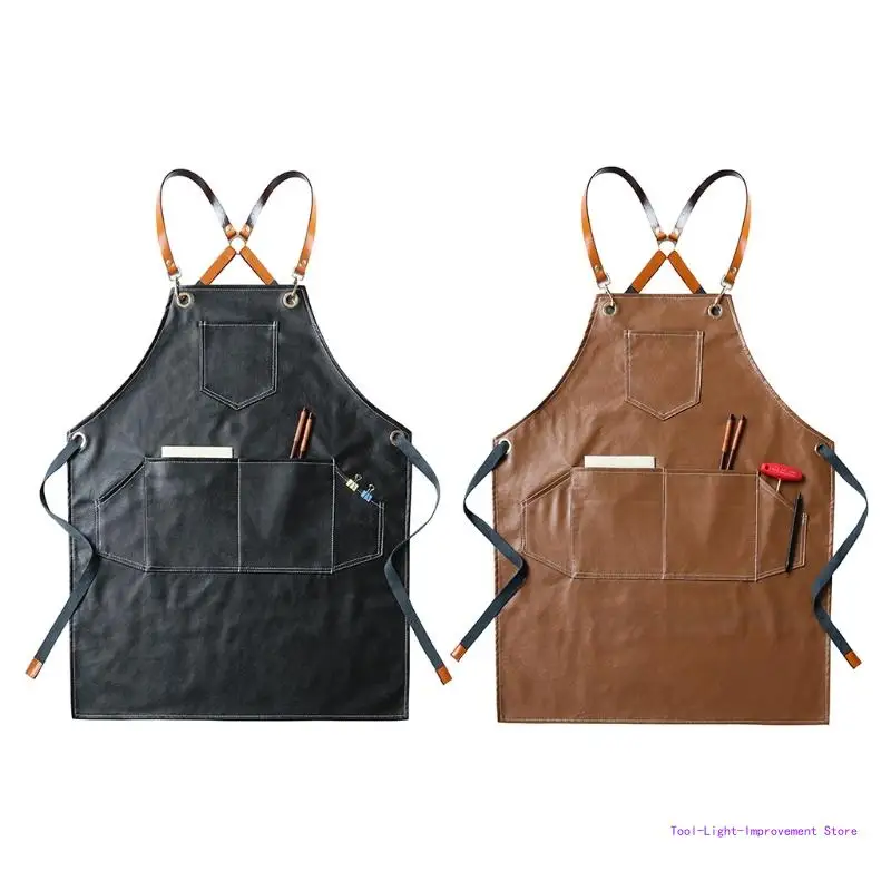 C63E PU Working Apron for Cross Back Adjustable Chef Apron Multi-pocket Sleeveless Adjustable Strap and Large Pockets