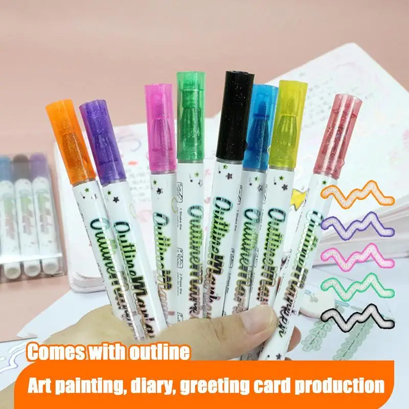 علامة الخطوط العريضة الذاتية ، خط مزدوج الفن خربش القلم ، لوازم اللوحة للرسم ، خربش الخردة ، صنع بطاقة الحجز ، لتقوم بها بنفسك ، 8 قطعة