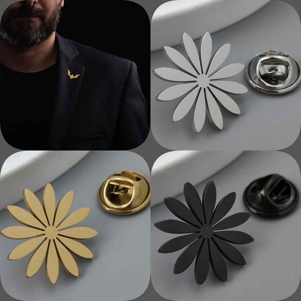 

Sunflower daisy gold-plated badge, silver collar brooch, black lapel pin, nameplate suit accessories set, men's gift