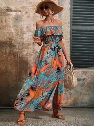 2024 Summer Fashion New Printed Dress Women Elegant One-line Collar Ruffled Lace Up Long Skirt Casual Resort Style Beach Dress