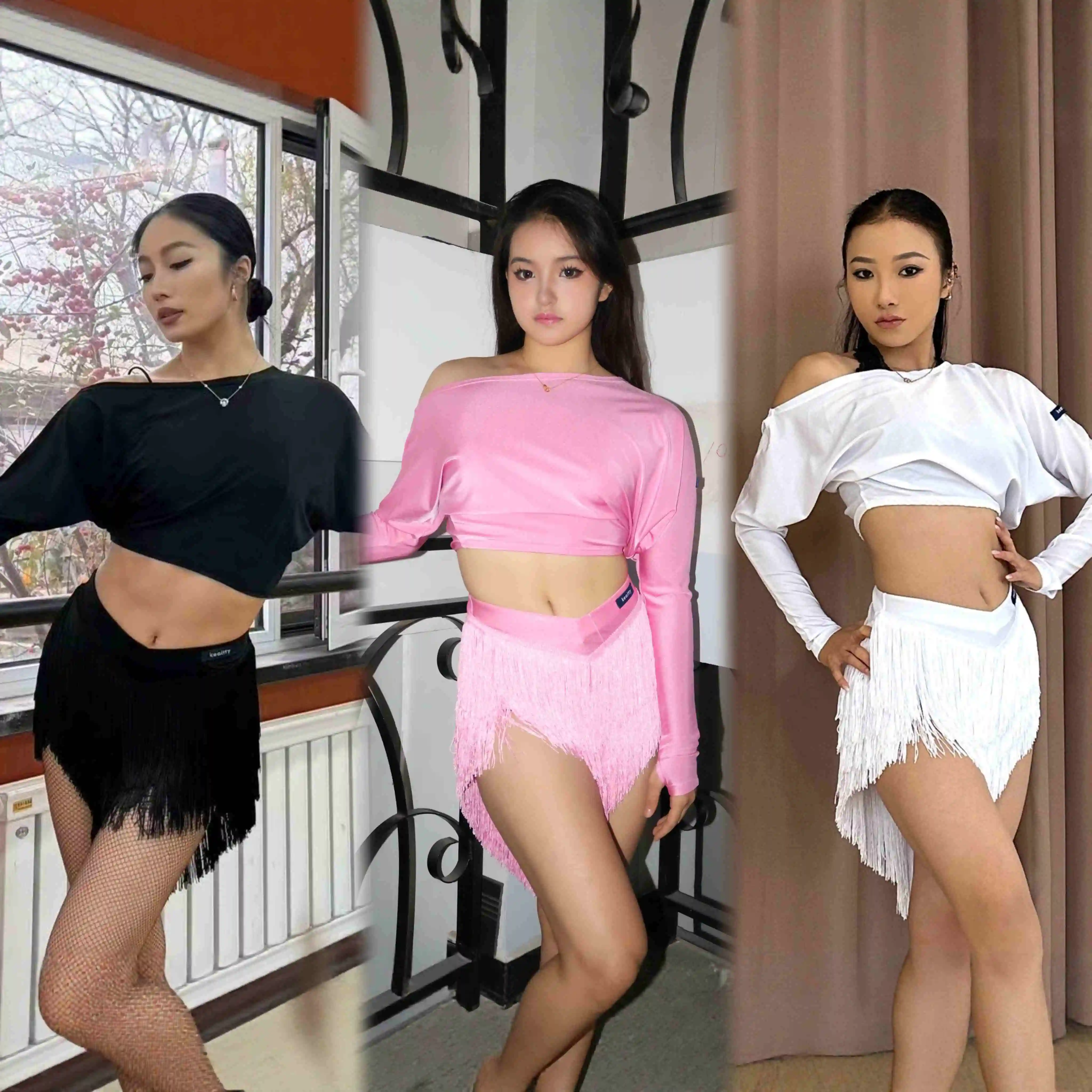 Sexy Latin Dance Clothes Long Sleeves Short Tops Tassels Skirt Women Rumba Smaba Cha Cha Dance Practice Performance Clothing