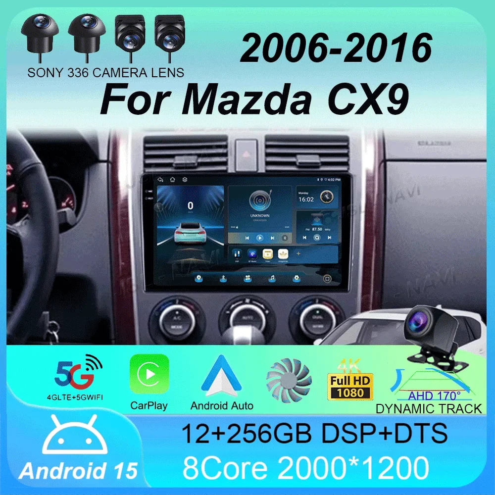 

Car Radio Android 15 Carplay Auto For Mazda CX9 CX-9 TB 2006 2007 2008 2009 2010 2016 Multimedia Player Video Stereo WIFI+4G DSP