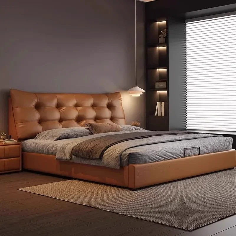 Minimalist Italian Light Luxury Leather Bed Modern Simple Double Bed with Storage Soft Upholstered Master Bedroom Furniture