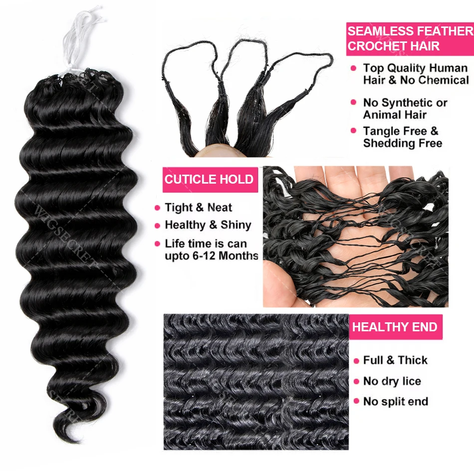 Deep Wave Crochet Human Hair Bundles Pre-Separated 100% Remy Boho Braids Feather Invisible Crochet Hair Extensions for Women