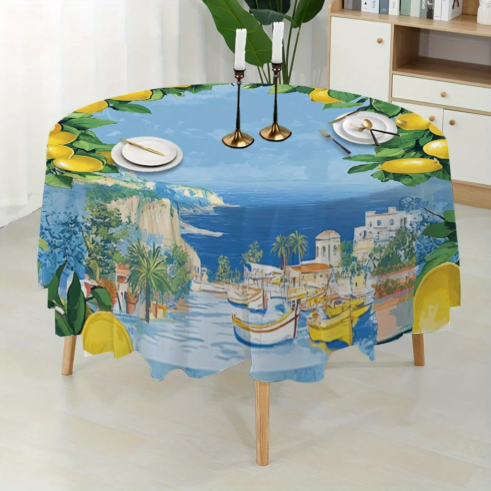 A quiet and elegant circular tablecloth from the lemon tree garden is perfect for the kitchen table.
