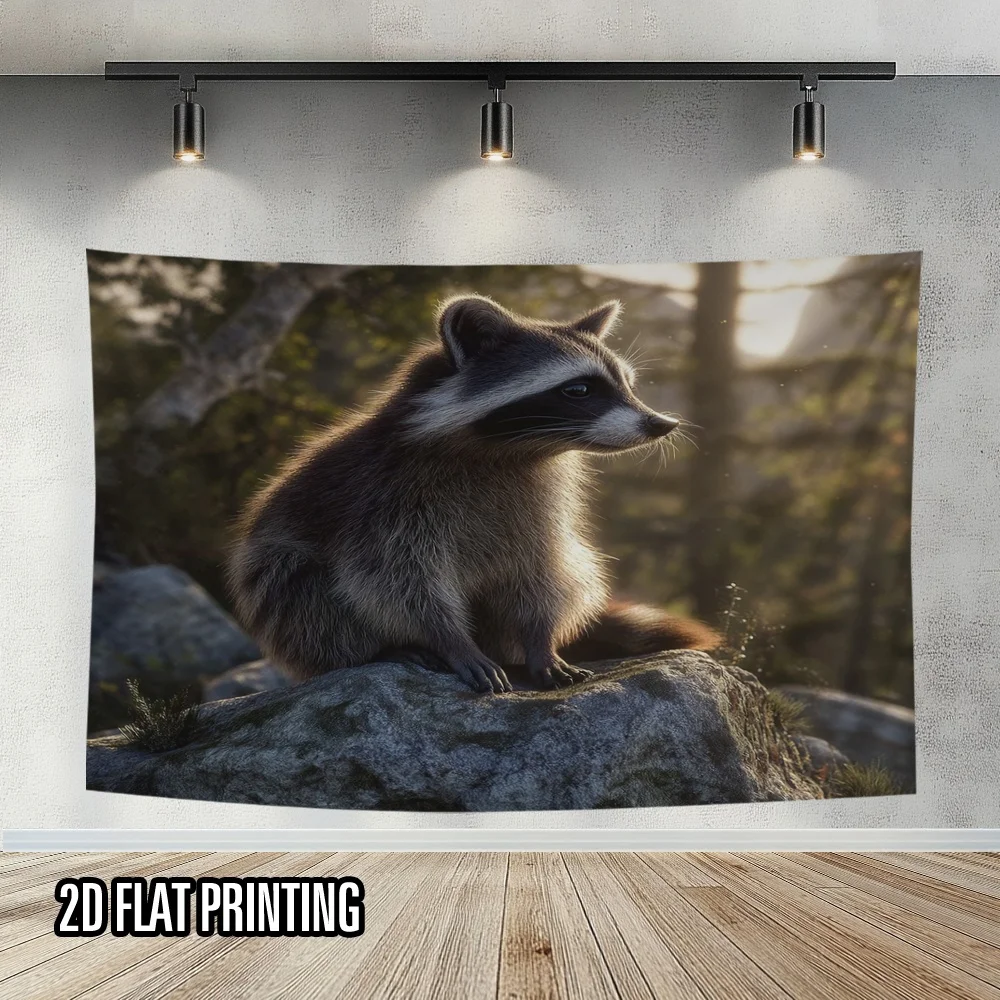 2D Flat Print 1pc Tapestry, Raccoon on Forest Rock Wall Hanging, Animal Tapestry, Bedroom Decor, Room Accent, Home Gift