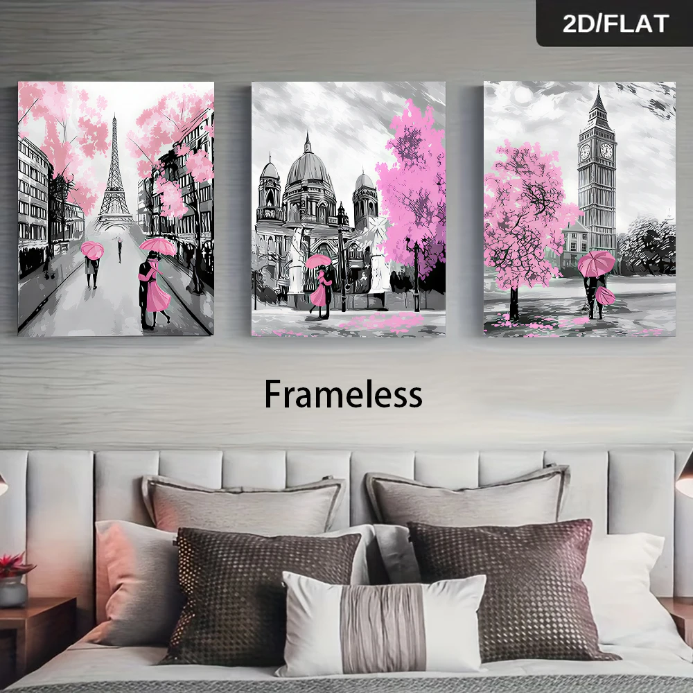 1 set of frameless triptych decorative paintings depicting Paris and London cityscapes. (2D flat)