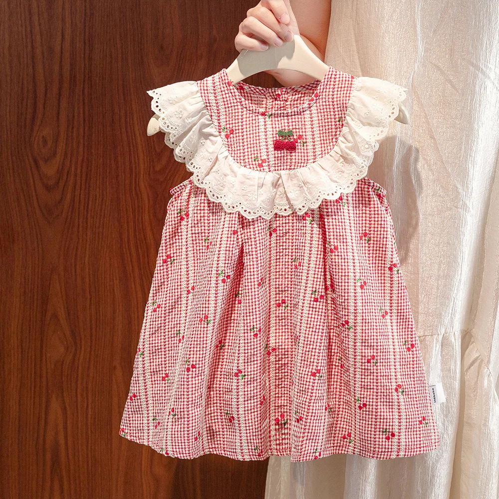 

Милое красное клетчатое платье принцессы для девочек, летнее детское платье без рукавов с кружевным воротником-стойкой для дня рождения, детское платье с вишневым принтом