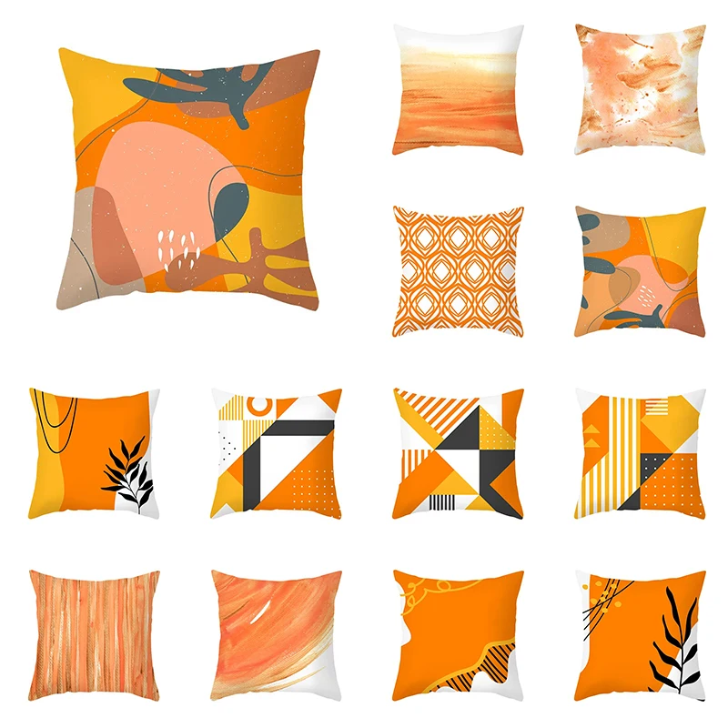 

Nordic Orange Geometric Print Peach Skin Fabric Pillowcase Home Room Decoration Office Seat Living Room Sofa Cushion Cover