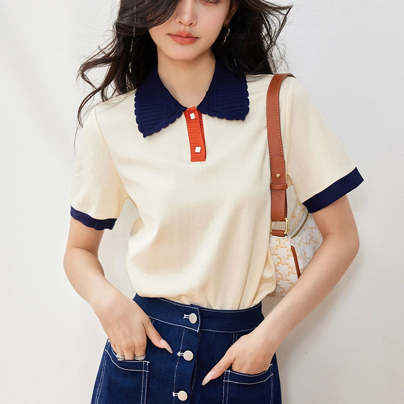 2024 Korean Summer New T-shirt Women Short Sleeve Contrast Color Lapel Cotton T Shirts Casual Slim Fashion Pullover Tees Tops