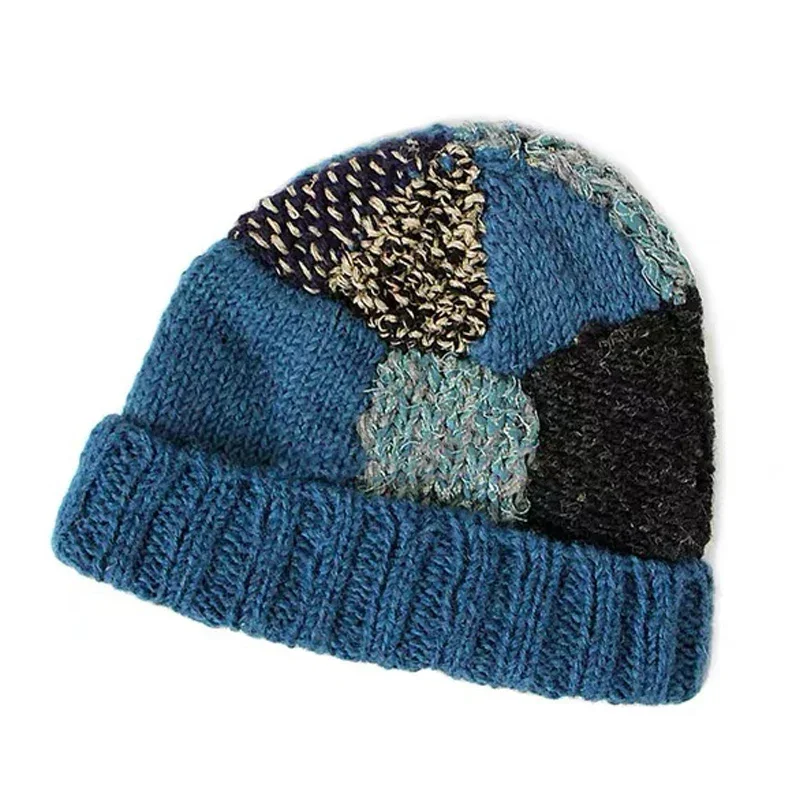 

Non Kapital Japan Handmade Men's Knitted Blend Vintage Patchwork Warm Wool Cap Geometric Color Block Hat Annual Jia Brand