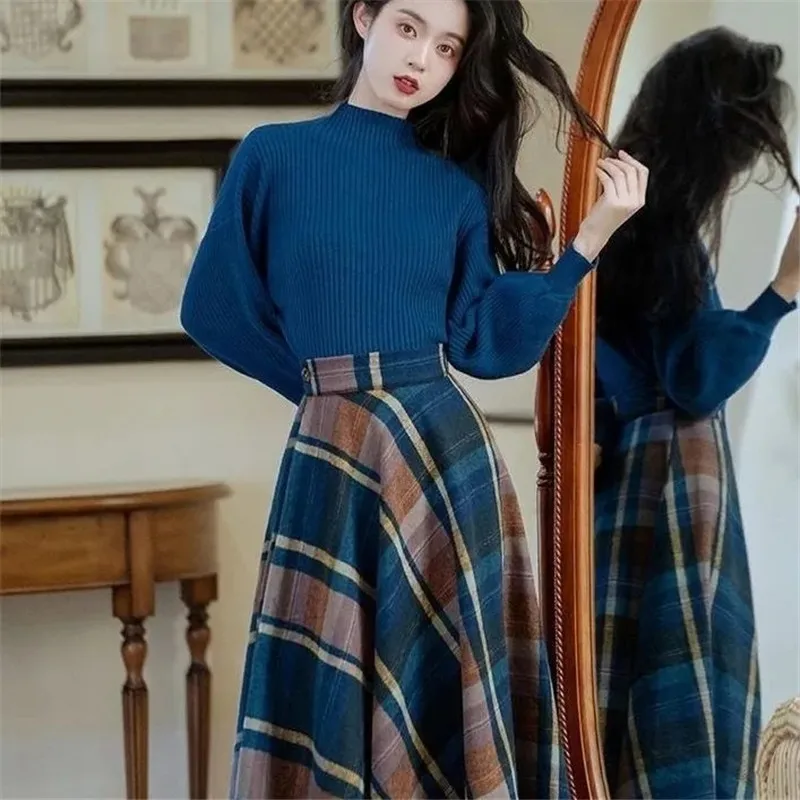 Women Clothing Autumn Winter Literary Vintage Elegance Korean Fashion Temperament Semi-collared Blue Sweater With Plaid Skirts