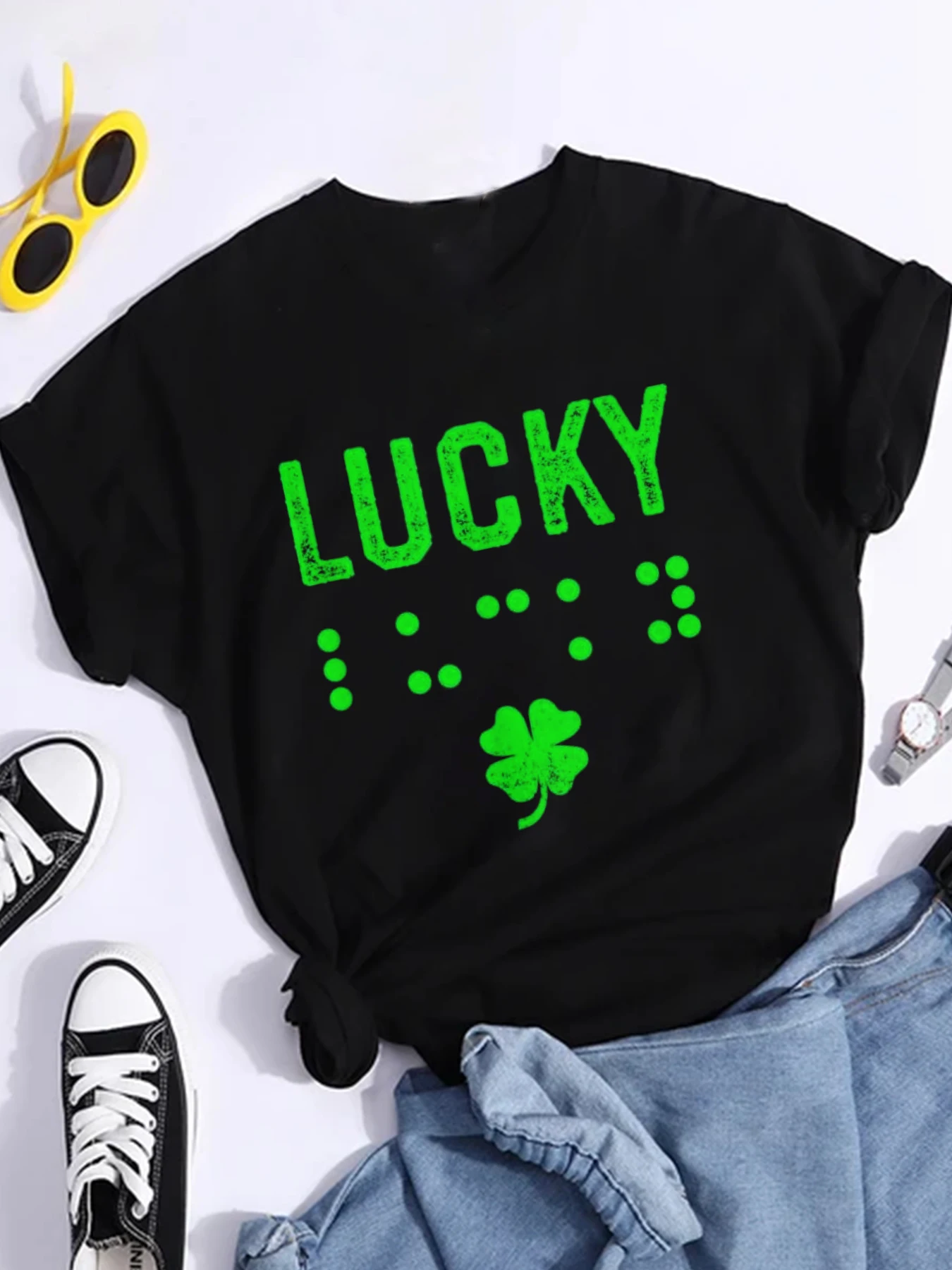 St. Patrick's Day Lucky Braille Shirt Blind Visually Impaired Senior T-shirt Summer Girls Round Neck Top T-shirt